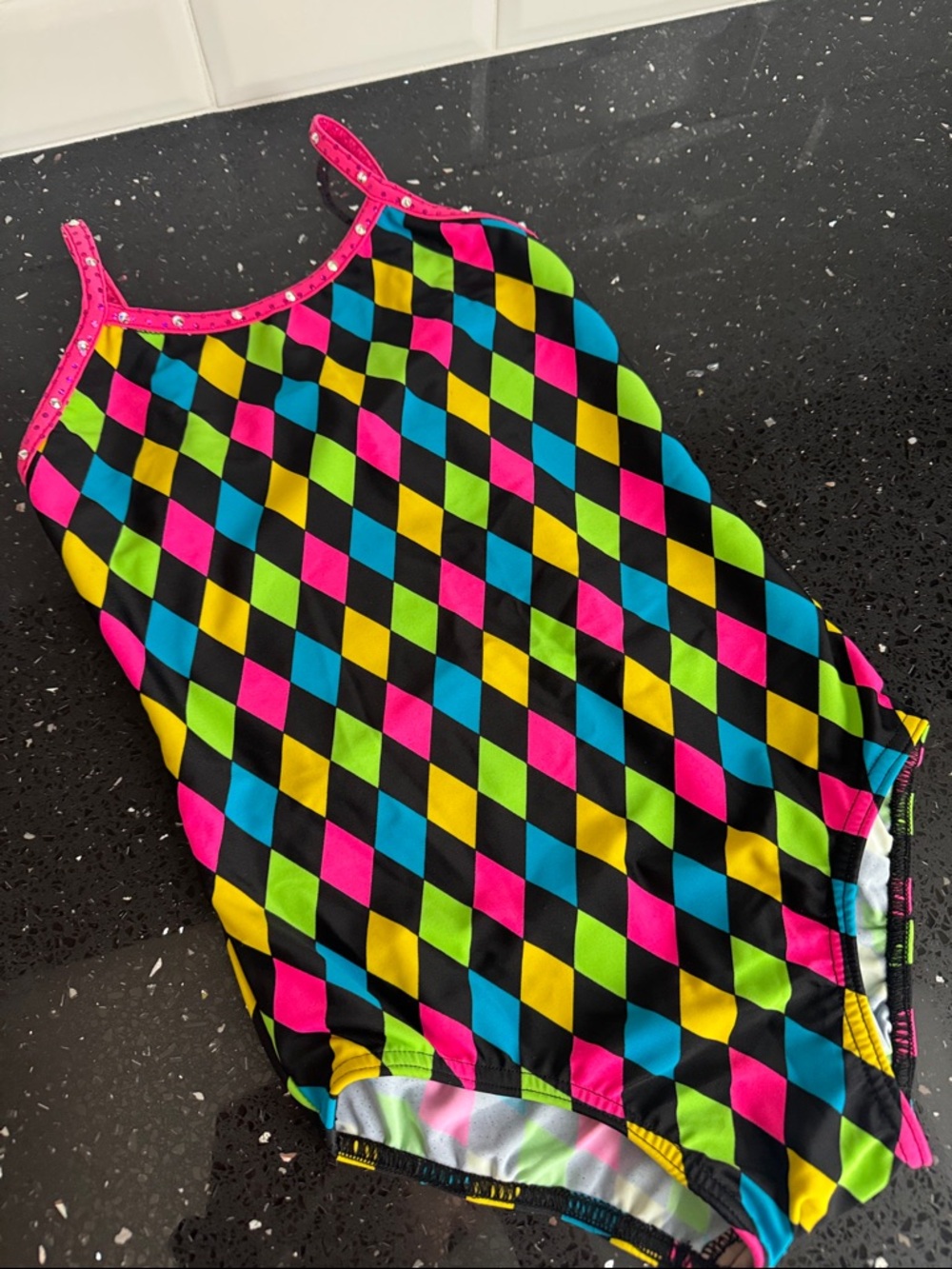 Neon Diamond Print Dance Leotard - Pink, Blue, Yellow, Green - Girls 10/12